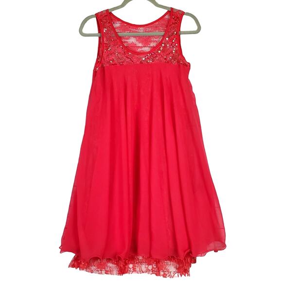 Garnet A-Line Swing Dress Sz M Sequined Hot Pink Chiffon Lace Whimsy Fairy NWT - Picture 1 of 16